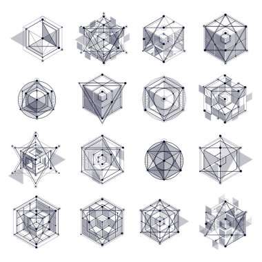 Modern soyut kübik kafes çizgilerinin vektörü siyah ve beyaz arka plan seti. Küpler, altıgenler, kareler, dikdörtgenler ve farklı soyut elementlerin yerleşimi. Soyut teknik 3B arkaplan.