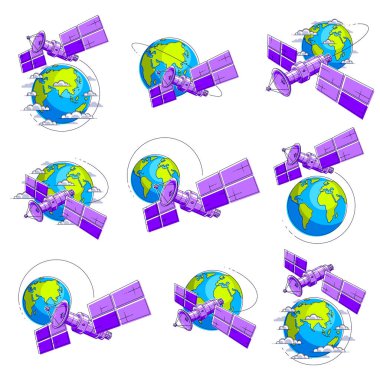 Dünya 'nın yörüngesinde uçan uydular, güneş panelleri ve uydu anten plakalı iletişim teknolojisi uzay istasyonu. İnce çizgi 3d vektör çizimleri izole edildi.