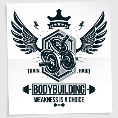 Güç kaldırma rekabet vektör poster disk ağırlık dambıl ve kanatları kullanarak oluşur. Bir seçim yazı zayıflıktır. 