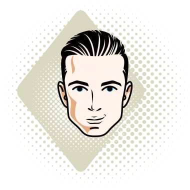 Vektör çizim yakışıklı brunet erkek yüzü, pozitif yüz özellikleri, clipart.