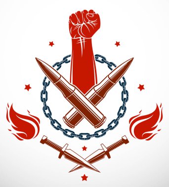 Anarşi ve kaos agresif amblem veya güçlü yumruk, silah ve farklı tasarım öğeleri ile logo vektör vintage tarzı dövme, asi rioter Partizan ve devrimci.