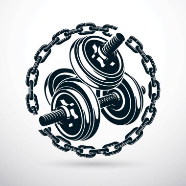 Demir zinciri tarafından çevrili dumbbell ve disk ağırlık vektör çizim. Çapraz vücut geliştirme ve uygun Spor donatımı.