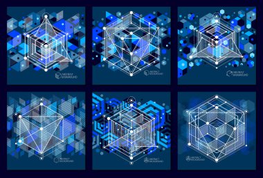 Vektör minimalist geometrik soyut 3d mavi siyah besteleri fütüristik tarzda ayarlayın. Modern geometrik kompozisyon şablon ve düzeni kullanılabilir. 