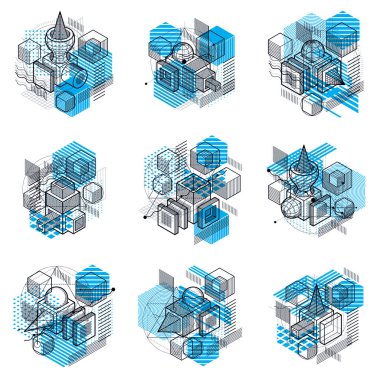 3D soyut vektör izometrik arka planlar. Küpleri, Altıgenler, kareler, dikdörtgenler ve farklı soyut öğeleri düzenler. Vektör toplama.