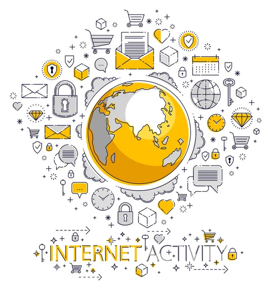 Globala Internet Anslutning Koncept Planetjorden Med Olika Ikoner Set Internet — Stock vektor