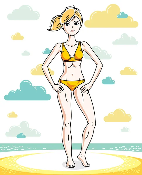 Gelukkig Vrij Jonge Blonde Vrouw Staande Tropisch Strand Zwemmen Pak — Stockvector