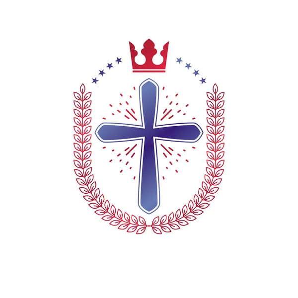 Christliches Kreuz Dekoratives Emblem Wappenvektordesign Element Mit Lorbeerkranz Und Kaiserkrone — Stockvektor