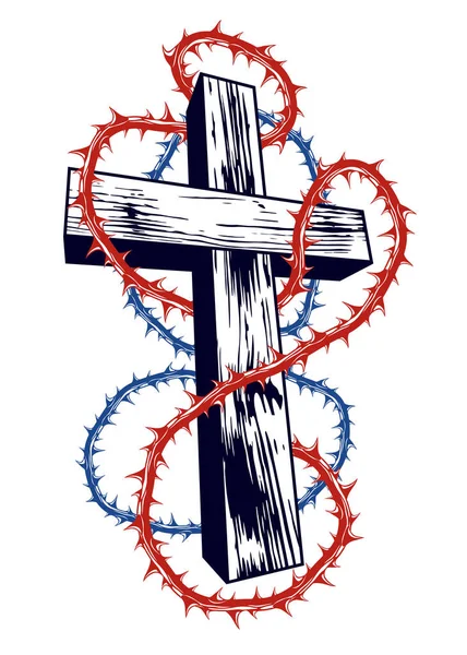 Croce Cristiana Con Logo Tatuaggio Della Religione Vettoriale Della Spina — Vettoriale Stock