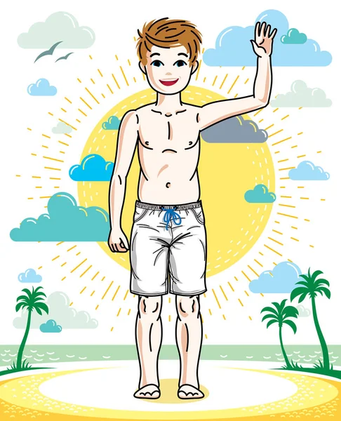 Roztomilá Malá Dospívající Chlapec Stojící Módní Pláž Kraťasech Vektorové Ilustrace — Stockový vektor