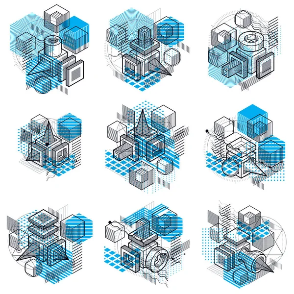 Isometric Abstract Backgrounds Linear Dimensional Shapes Vector Mesh Elements Compositions — Stock Vector