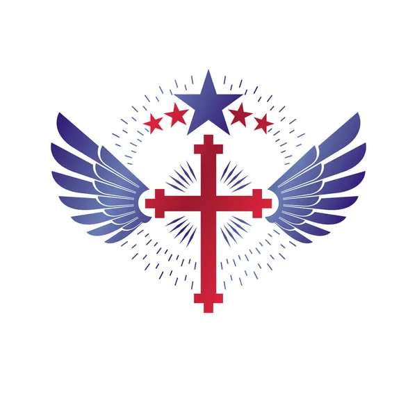 기독교 그래픽의 십자가 믿음은 디자인 요소입니다 레트로 스타일 레이블 날개와 — 스톡 벡터