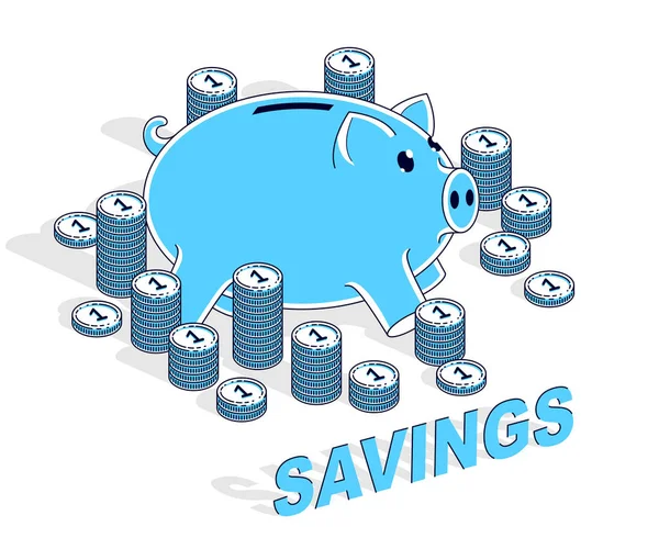 Personal Savings Concetto Salvadanaio Con Cent Monete Pile Isolato Sfondo — Vettoriale Stock