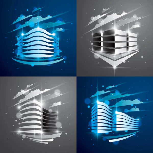 未来建筑集 现代矢量建筑图解与模糊的灯光和灯光效果 房地产商中心蓝灰色设计 城市3D商业办公室立面 — 图库矢量图片