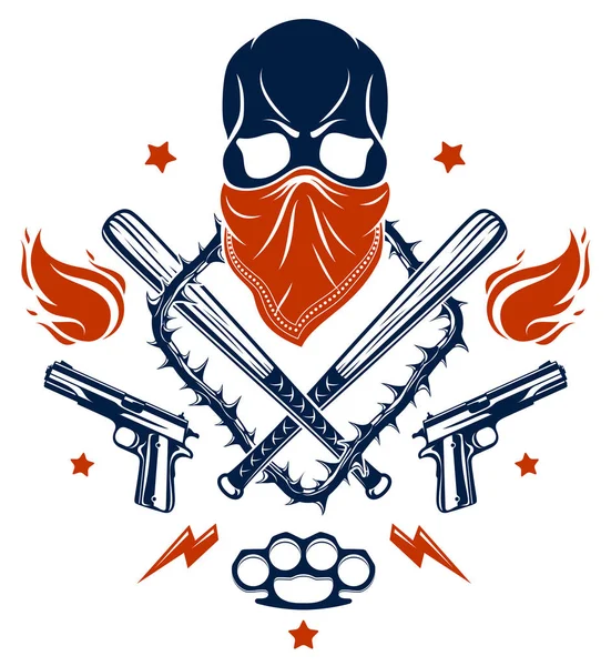 Gangster Emblem Logotyp Eller Tatuering Med Aggressiv Skalle Baseball Fladdermöss — Stock vektor