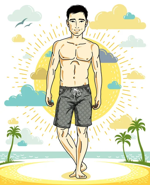 Pohledný Brunet Mladý Muž Tropické Pláži Šortkách Sportovní Mužské Ilustrace — Stockový vektor