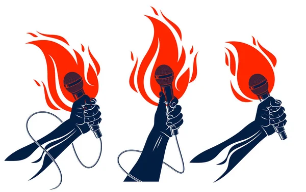 Logos Emblèmes Vectoriels Musique Rap Sertis Microphone Dans Les Flammes — Image vectorielle