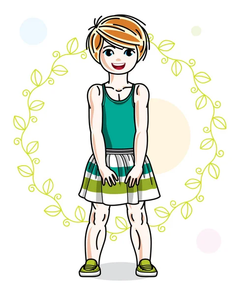 Маленька Руда Дівчинка Малюк Модному Повсякденному Одязі Позує Зеленому Екологічному — стоковий вектор