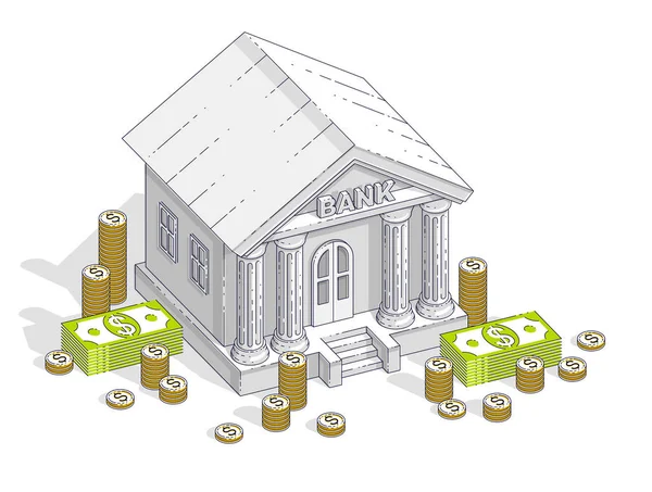 Vieille Banque Dessin Animé Bâtiment Avec Argent Comptant Pile Dollar — Image vectorielle