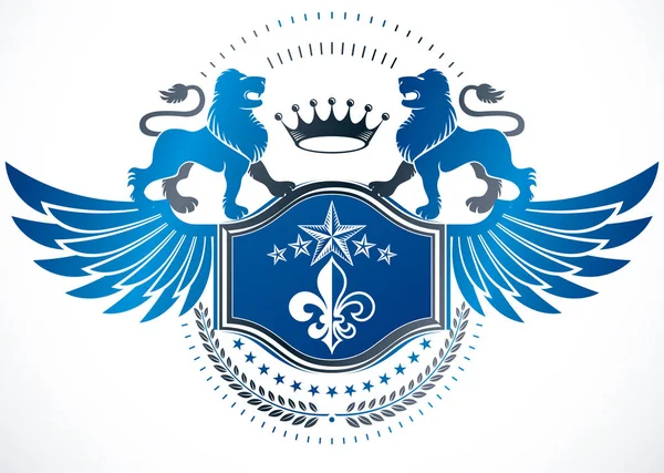 Wappen Als Dekoratives Geflügeltes Emblem Schutzschild Mit Lilienblüte Wildem Löwen — Stockvektor