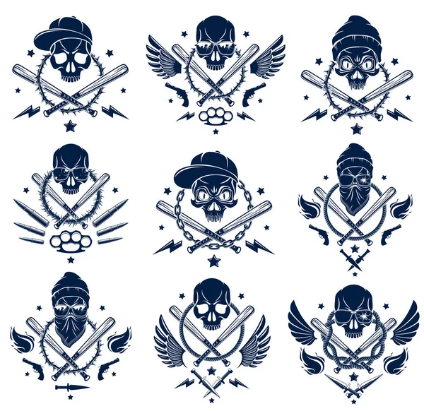 Tatuaje Criminal Emblema Pandilla Logotipo Con Bates Béisbol Cráneo Agresivos — Archivo Imágenes Vectoriales