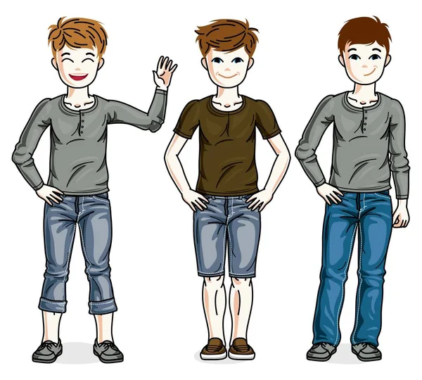 Joven Adolescente Chicos Lindo Grupo Niños Pie Usando Ropa Casual — Vector de stock