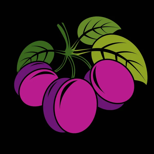 Trois Prunes Vectorielles Simples Violettes Aux Feuilles Vertes Illustration Fruits — Image vectorielle