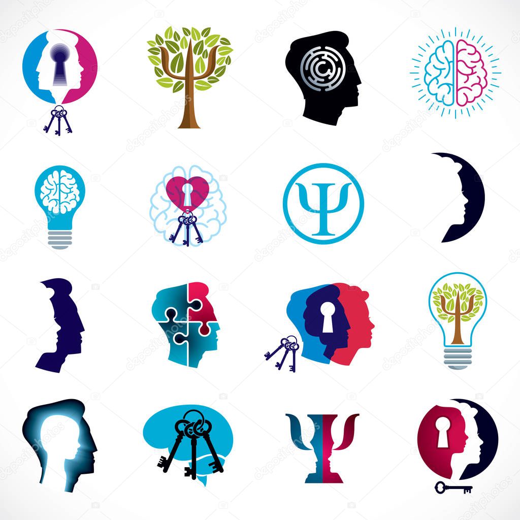 Psychology, brain and mental health vector conceptual icons or logos set. Relationship and gender psychology problems and conflicts, psychoanalysis and psychotherapy, personality and individuality.