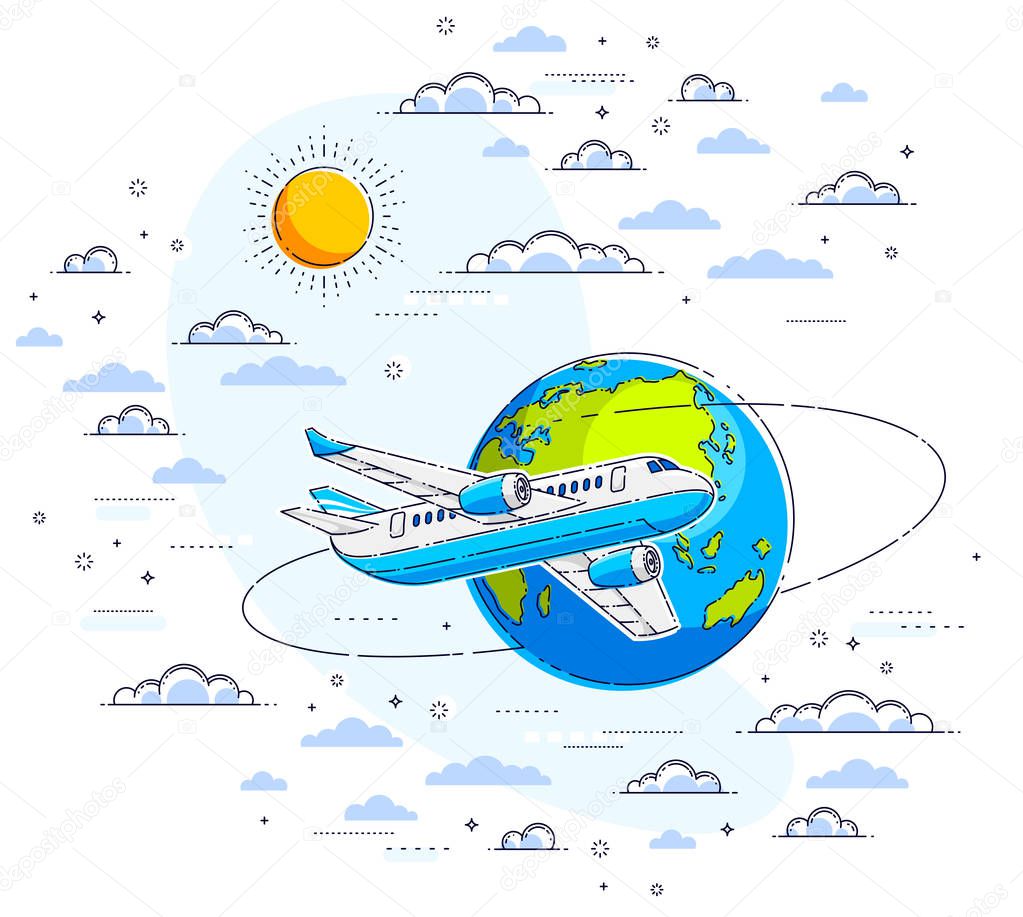 Plane airliner with earth planet in the sky surrounded by clouds, airlines air travel illustration. Beautiful thin line vector isolated over white background.