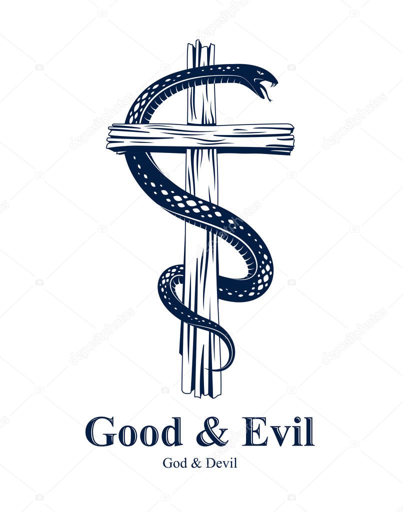 Serpent on a Cross vintage tattoo, snake wraps around Christian cross, God and Devil allegory, the struggle between good and evil, symbolic vector illustration logo or emblem.