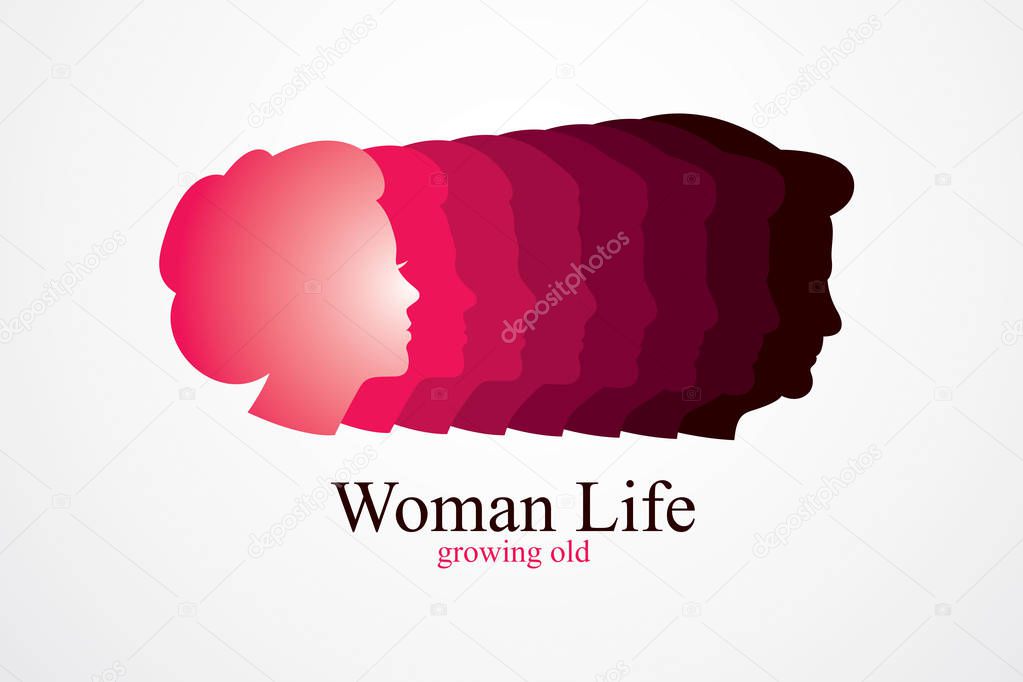 Woman life age years concept, the time of life, periods and cycle of life, growing old, maturation and aging, one generation and age categories. Vector simple classic icon or logo design.