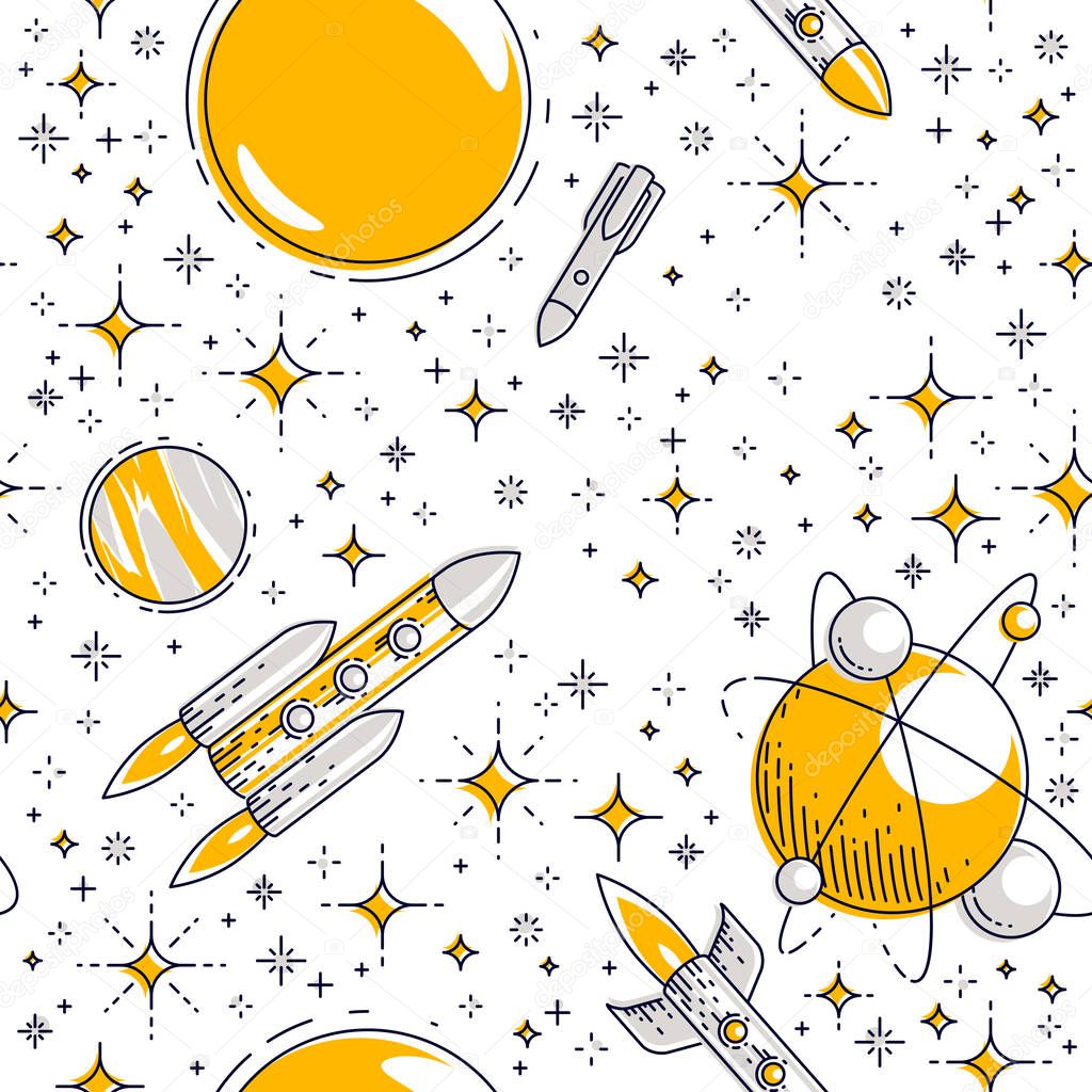 Seamless space background with rockets, planets and stars, undiscovered deep cosmos fantastic and breathtaking textile fabric for children, endless tiling pattern, vector illustration cartoon motif.