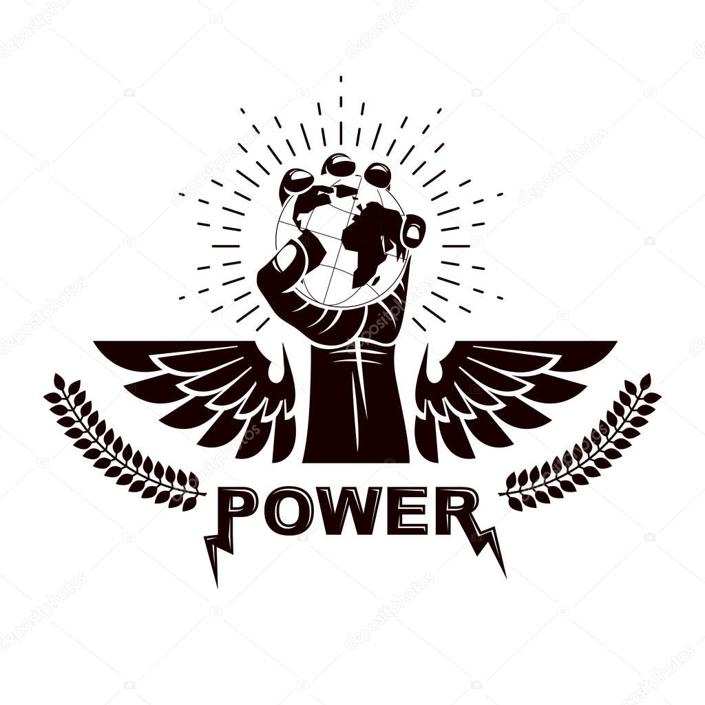 Winged vector emblem composed with raised clenched fist composed with Earth illustration. Authority as the means of global control and manipulation