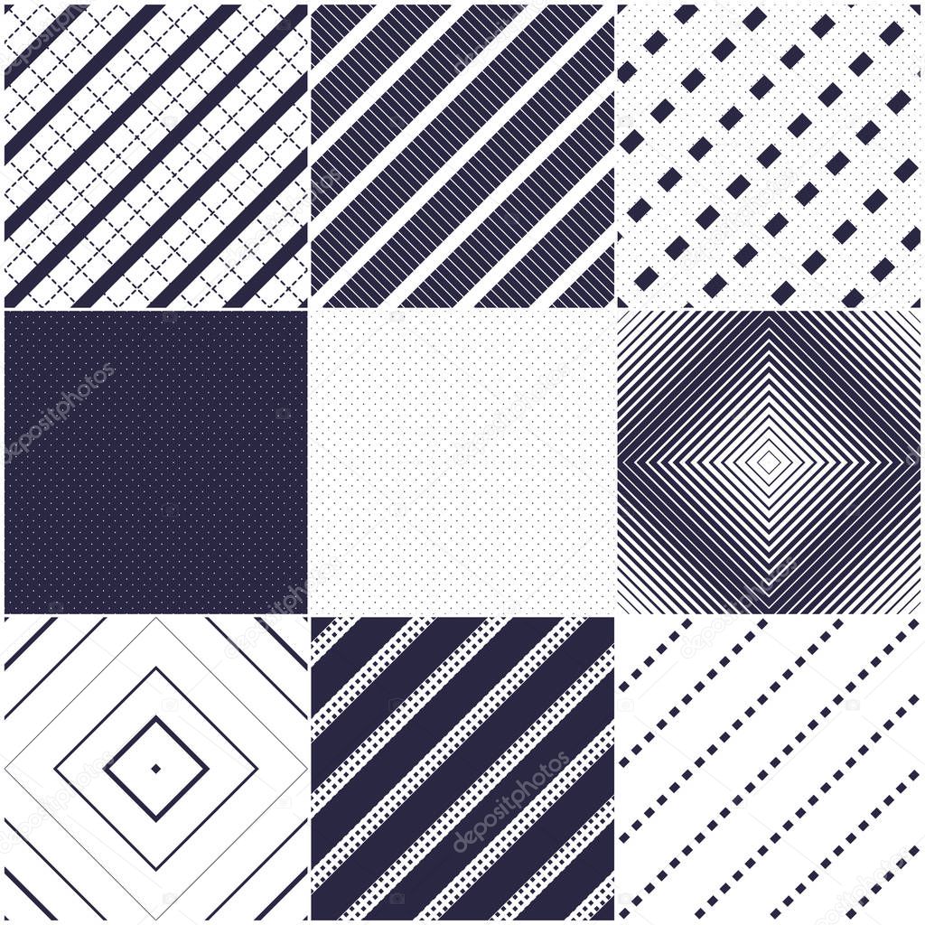 Minimal lines vector seamless patterns set, abstract backgrounds collection. Simple geometric designs. Seamless lines vector minimalistic arts. Crossed lines grid, diagonal lines, dashed lines, dotted ornaments.