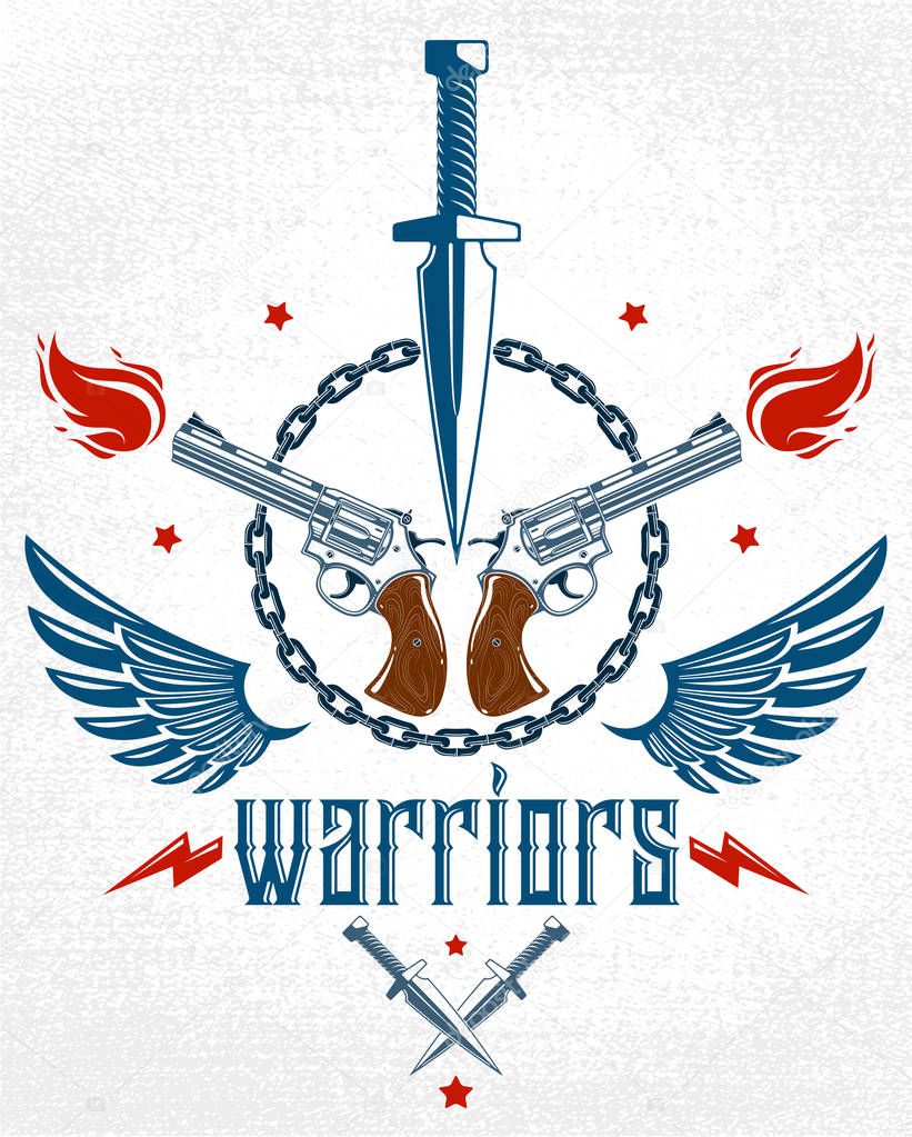 Dagger knife and other weapons  vector emblem of Revolution and War, tattoo with lots of design elements, anarchy and chaos concept, criminal and gangster style, social tension theme.