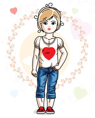 Renkli zemin romantik kalpleri ile poz güzel küçük sarışın bir kız. Vektör çocuk çizim.