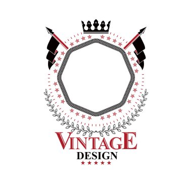 Grafik Insignia Imperial Crown ve bayrakları ile yapılır. Hanedan arması, vintage vektör logosu.