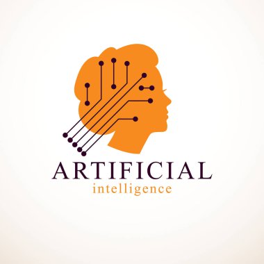 Bilgisayar insan android robot, yapay zeka konsepti. Elektronik elementler simgesi olan insan profili. Vektör logosu tasarımı. Akıllı yazılım, akıllı makineler ve bilgisayar programları fikri.