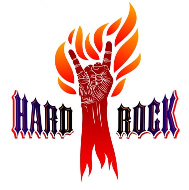 Ateşin üstündeki taş el işareti, ateşli müzik Rock 'n Roll hareketi, Hard Rock festivali konseri veya kulübü, vektör etiketi amblemi veya logosu, müzik aletleri dükkanı veya kayıt stüdyosu.