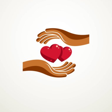 Kaç aşk basit vektör logo veya simge kırmızı parlak kupa ve bakım el koruma ile oluşturulan içinde. İhale ve sevgi dolu bir ilişki adam ve kadın, erkek ve kız.