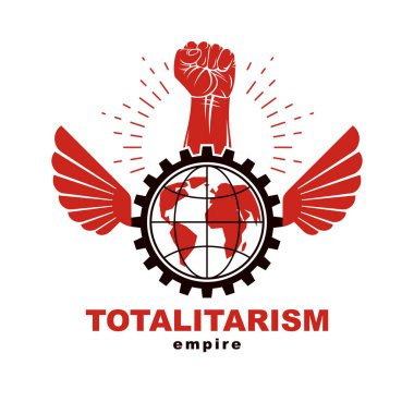Kanatlı vektör amblemi ile yükseltilmiş yumruk cog wheel daireyle çevrili Earth gezegen simgesi tutan oluşur. Proleter toplumsal devrim soyut sembolü.