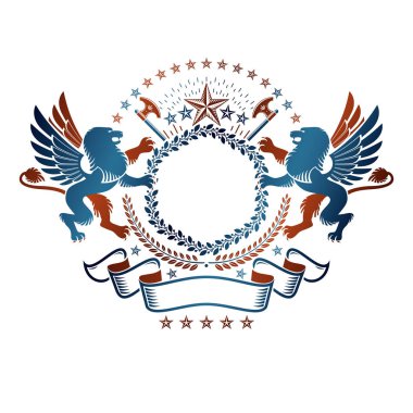 Aslan heraldic hayvan elemanı, beşgen yıldız ve baltalar ile Grafik amblem. Heraldic Coat of Arms dekoratif logo izole vektör illüstrasyon.