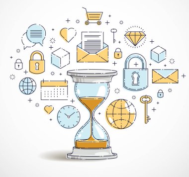 Zaman para kavramı, kum saati simgeleri seti, kum saat zamanlayıcı son alegori, vektör tasarımı.