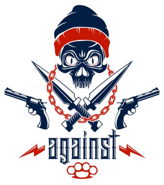 Anarşi ve kaos agresif amblem veya kötü kafatası, silah ve farklı tasarım öğeleri ile logo vektör vintage kürek dövme, asi gangster ceza ve devrimci.