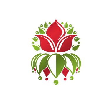 Retro vintage Insignia lily çiçek ile yaratılmıştır. Vektör tasarım öğesi, organik doğal ürün amblemi.