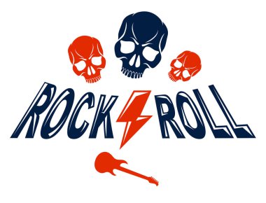 Skull in Hard Rock müzik vektör logosu veya amblemi, agresif kafatası ölü kafa Rock and Roll etiket, Punk festival konser veya kulüp, müzik aletleri dükkanı veya kayıt stüdyosu.