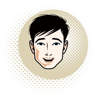 Adam yüz, insan kafası. Vektör karakter, şık saç kesimi ile yakışıklı brunet erkek.