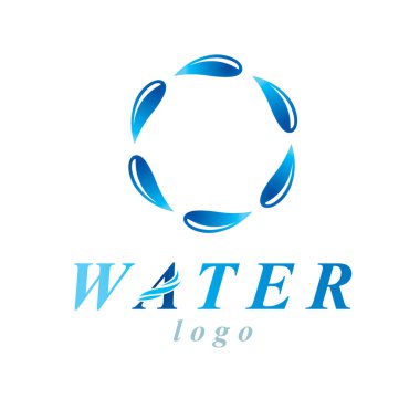Spa ve tatil beldelerinde kurumsal amblem olarak kullanılmak üzere vektör mavi berrak su damlası işareti. Çevre koruma kavramı. 