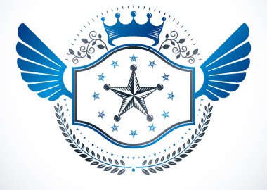 Vektör elemanları, monarşi tacı, beşgen yıldızlar ve defne çelengi kullanılarak oluşturulan heraldry amblemi ile yapılan heraldic işareti