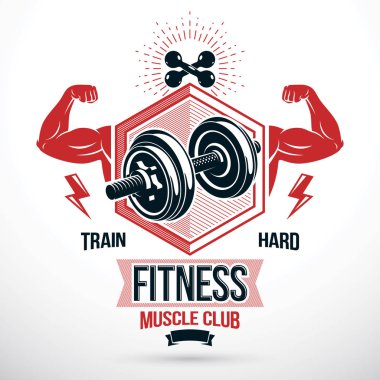 Kaslı sporcu kolları ve disk ağırlığı dumbbell ile oluşan vektör işareti. Ağırlık kaldırma egzersiz odası vektör sembolü