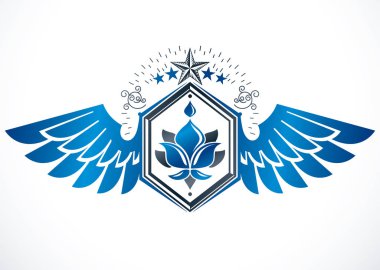 Hanedan arması, kanatlı lily çiçek kraliyet sembolü ve pentagonal yıldız ile oluşan vintage vektör amblemi